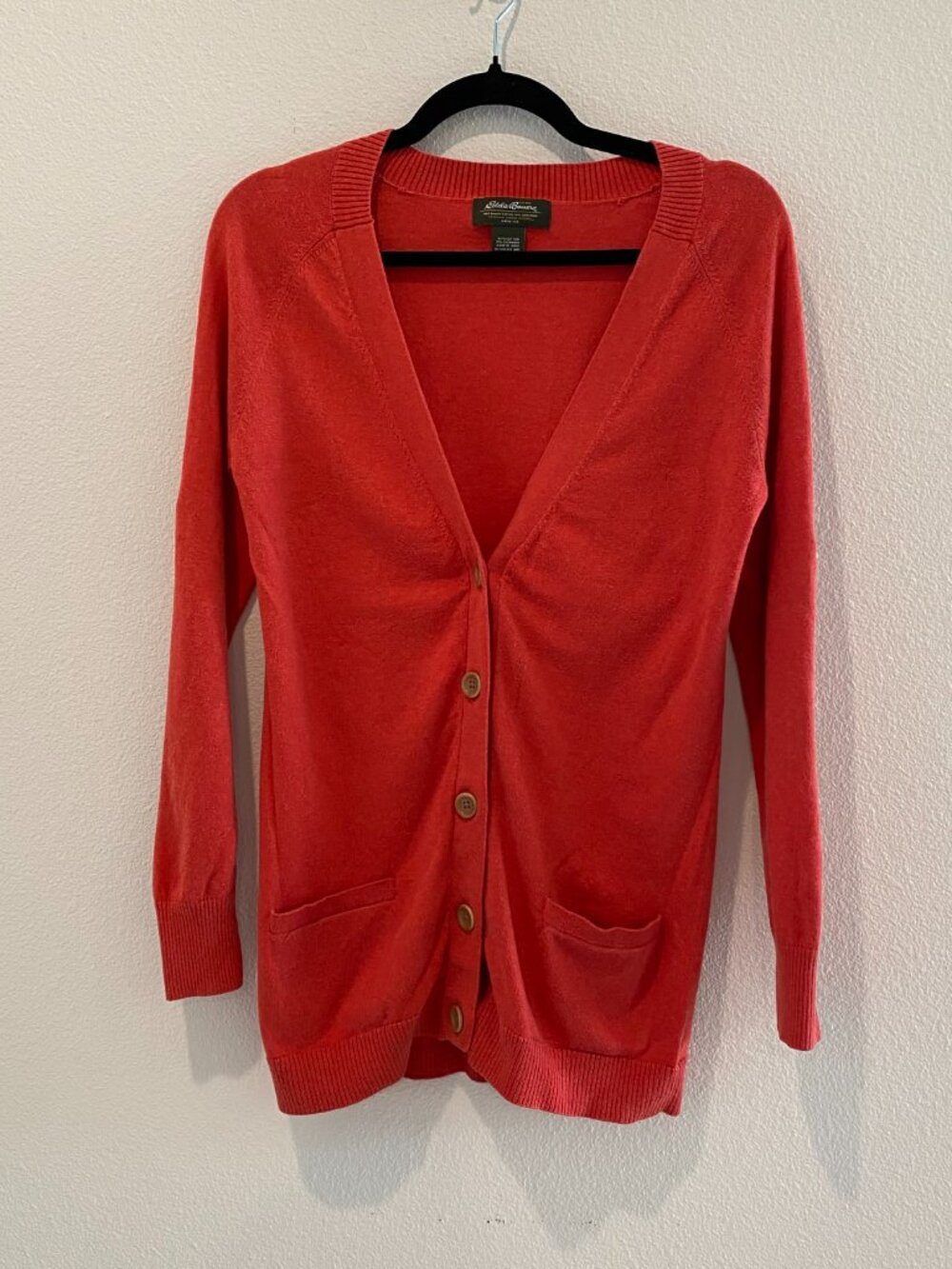 Eddie Bauer Cashmere Roll Tab Cardigan Coral Orange Boyfriend Sweater Small